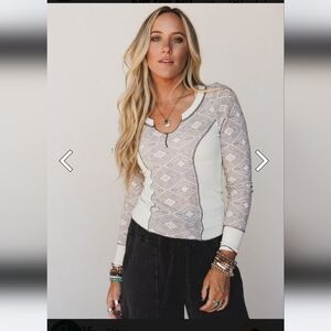 Oli & Hali Woven Pattern Long-Sleeve Henley Top - Cream